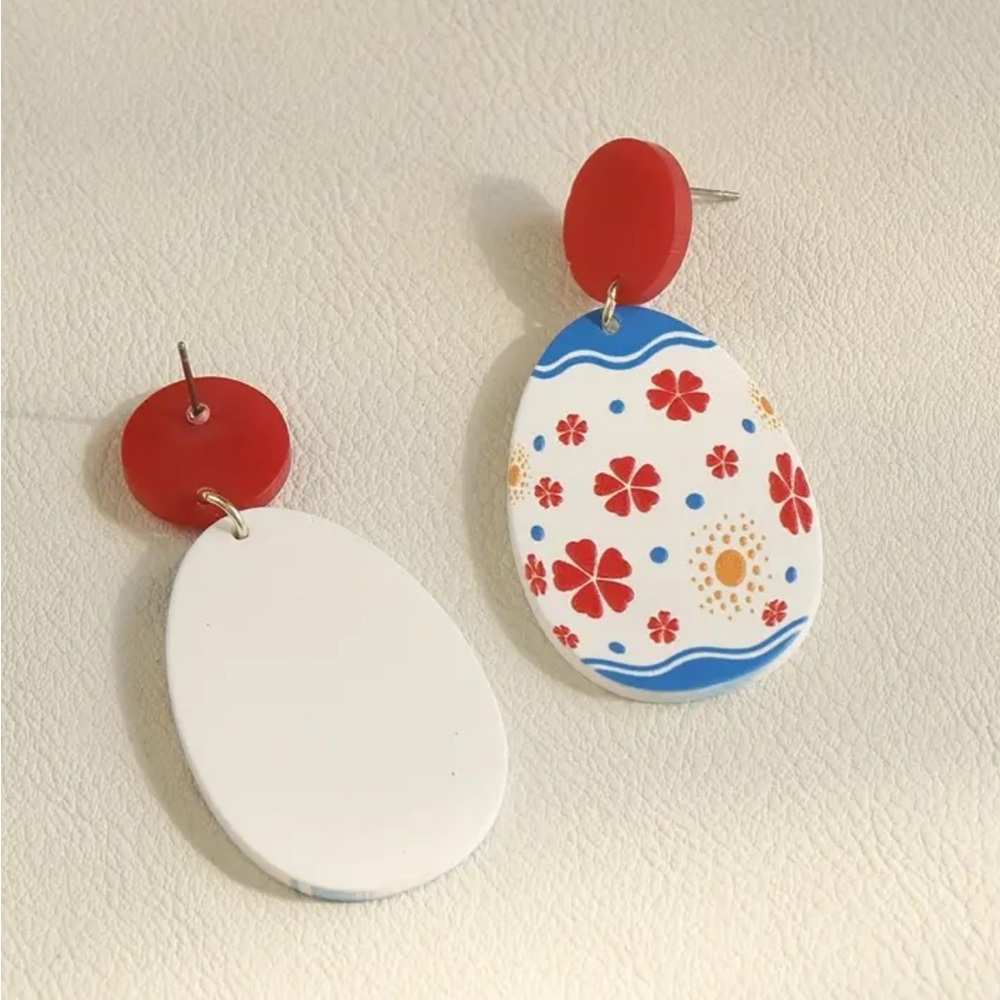 Red & Blue Floral Easter Egg Dangle Earrings - Picture 2 of 4